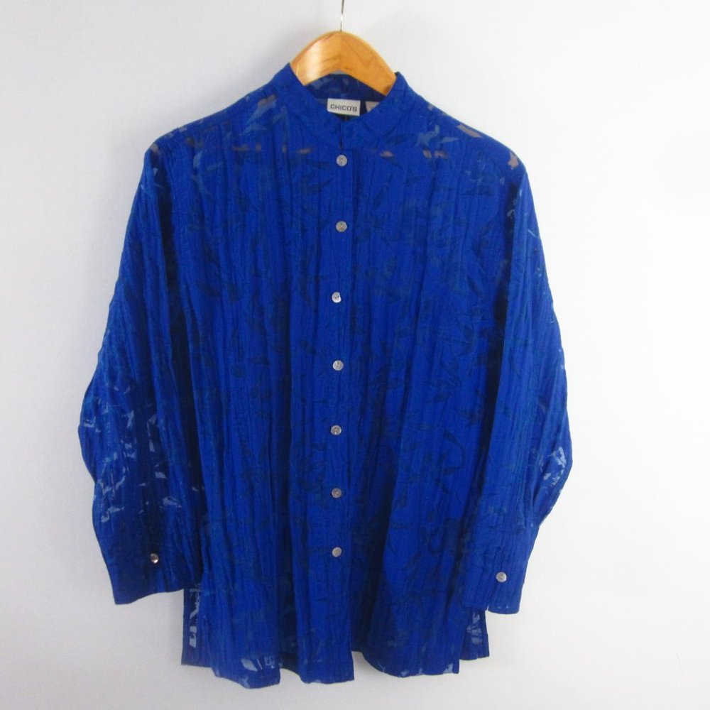 Chicos 1 Womens Medium Blue Semi Sheer Asian Print Button Shirt LS Top